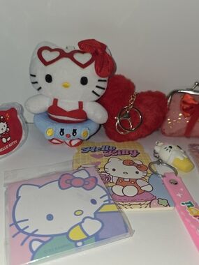 Hello Kitty Bundle Plush Keychain with Red Heart Pom and Pink Accessories